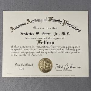 American Academy of Family Physicians Degree of Fellow 1970 Paper Certificate